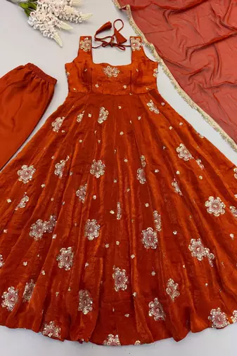 Orange doremon crush embroidered gown pant set