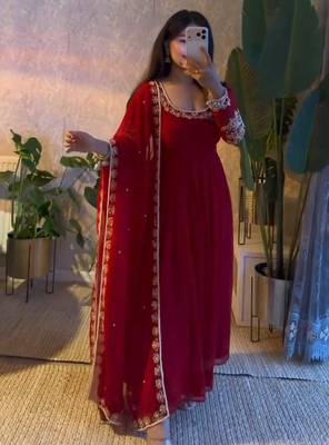 Maroon georgette embroidered gown set 1