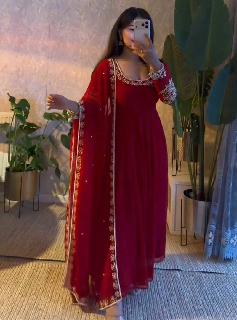 Maroon georgette embroidered gown set