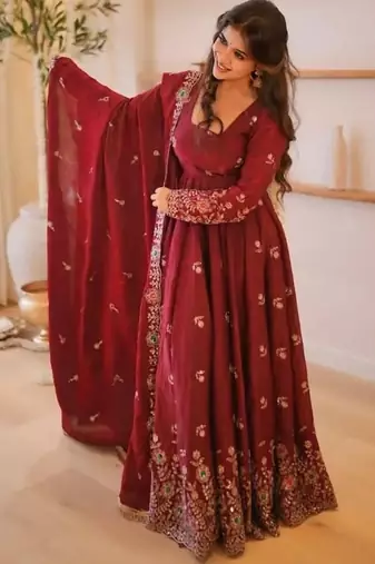Wine maroon doremon crush embroidered gown pant suit