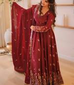 Wine maroon doremon crush embroidered gown pant suit