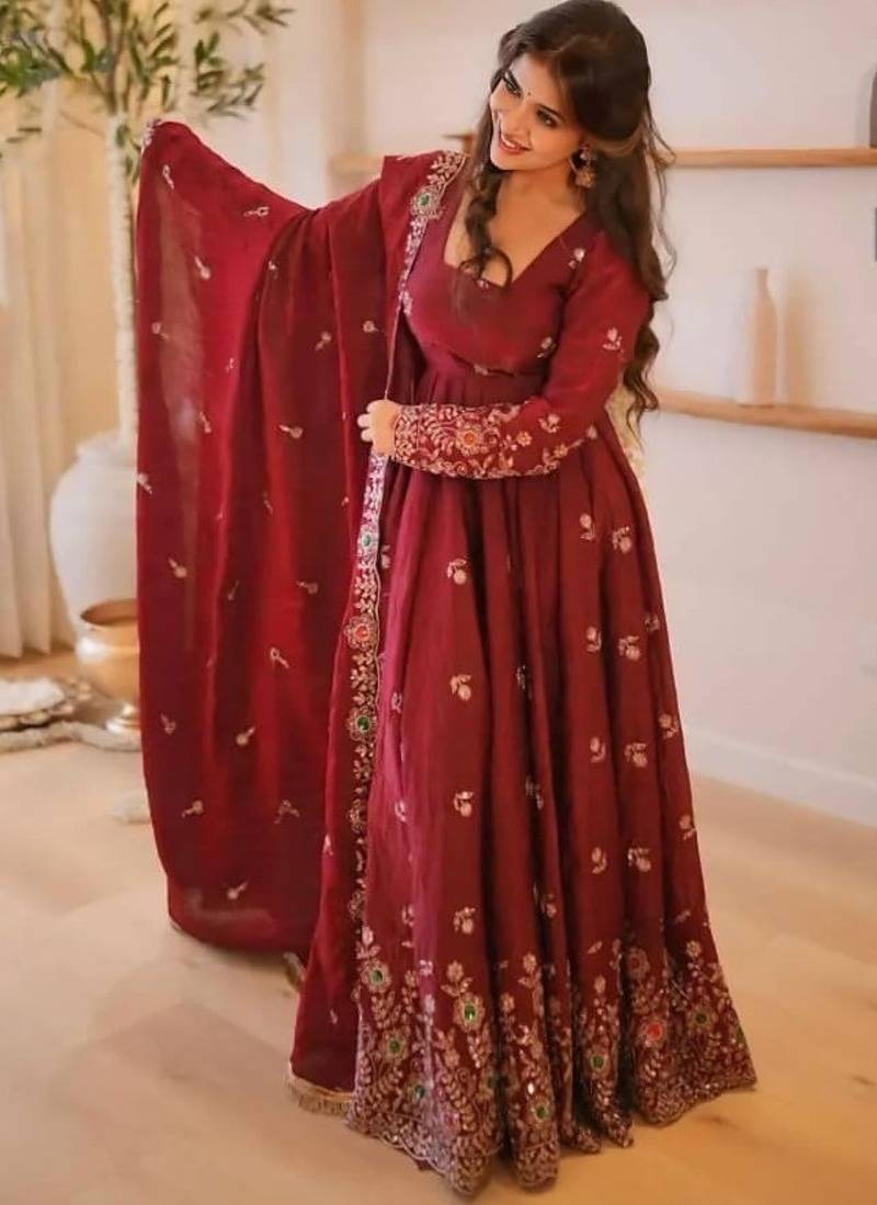 Wine maroon doremon crush embroidered gown pant suit
