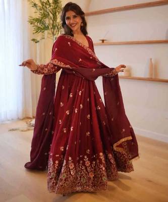 Wine maroon doremon crush embroidered gown pant suit 2