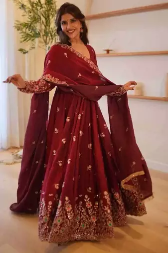 Wine maroon doremon crush embroidered gown pant suit