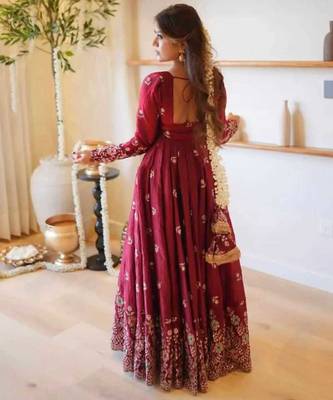 Wine maroon doremon crush embroidered gown pant suit 3