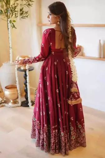 Wine maroon doremon crush embroidered gown pant suit
