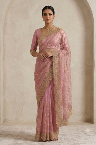 fancy designer pink stone with zari work saree