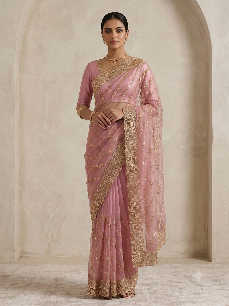 fancy designer pink stone with zari work saree