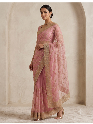 fancy designer pink stone with zari work saree 2