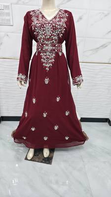 Royal Moroccan Kaftan Dress Wine Maroon Heavy Silver Embroidered Elegant Maxi Gown 1