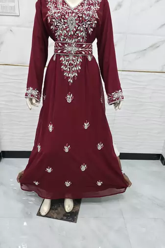 Royal Moroccan Kaftan Dress Wine Maroon Heavy Silver Embroidered Elegant Maxi Gown