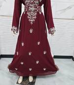 Royal Moroccan Kaftan Dress Wine Maroon Heavy Silver Embroidered Elegant Maxi Gown