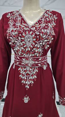 Royal Moroccan Kaftan Dress Wine Maroon Heavy Silver Embroidered Elegant Maxi Gown 2