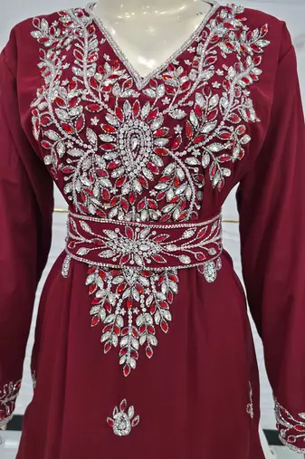 Royal Moroccan Kaftan Dress Wine Maroon Heavy Silver Embroidered Elegant Maxi Gown