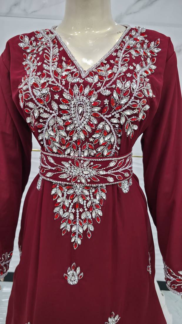 Royal Moroccan Kaftan Dress Wine Maroon Heavy Silver Embroidered Elegant Maxi Gown