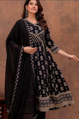 Black cotton floral printed ethnic kurta set with dupatta