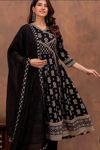 Black cotton floral printed ethnic kurta set with dupatta