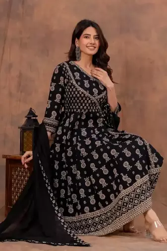 Black cotton floral printed ethnic kurta set with dupatta