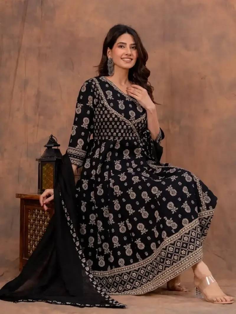 Black cotton floral printed ethnic kurta set with dupatta