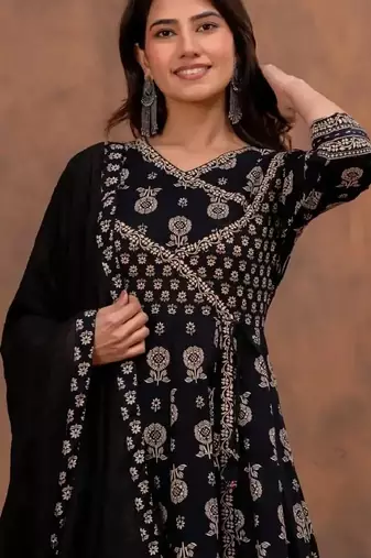 Black cotton floral printed ethnic kurta set with dupatta