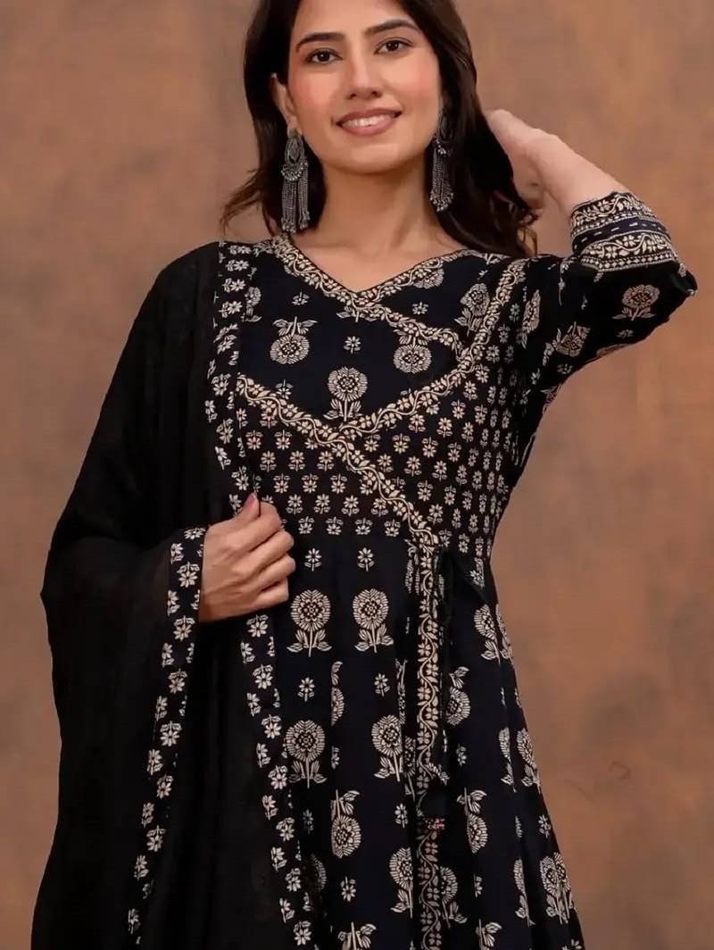 Black cotton floral printed ethnic kurta set with dupatta