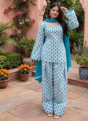 Blue cotton floral printed ethnic kurta set with dupatta 1
