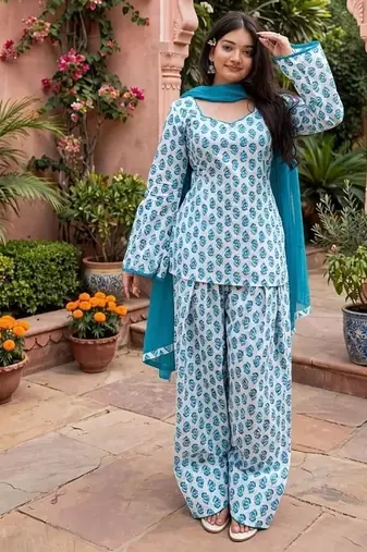 Blue cotton floral printed ethnic kurta set with dupatta