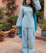 Blue cotton floral printed ethnic kurta set with dupatta