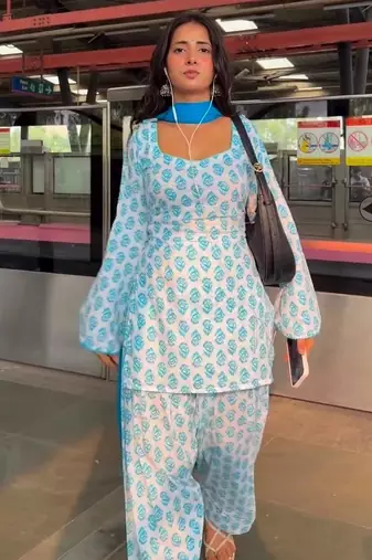 Blue cotton floral printed ethnic kurta set with dupatta
