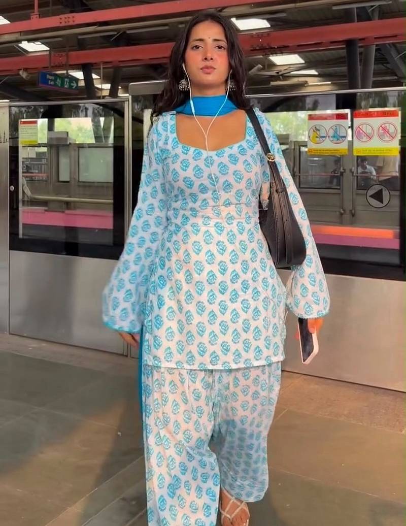 Blue cotton floral printed ethnic kurta set with dupatta