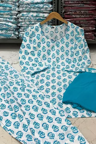 Blue cotton floral printed ethnic kurta set with dupatta