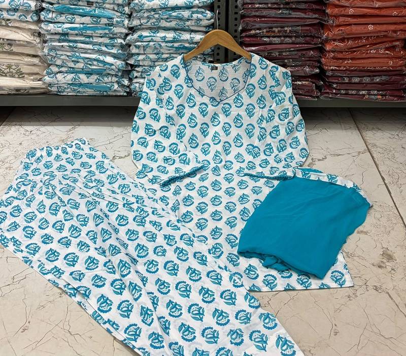 Blue cotton floral printed ethnic kurta set with dupatta
