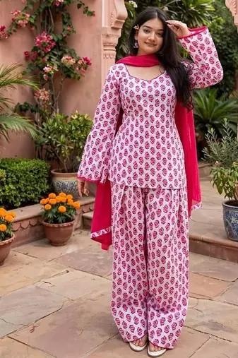 Pink cotton floral printed ethnic kurta set with dupatta