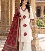 Off-white cotton printed patch work ethnic kurta set with dupatta