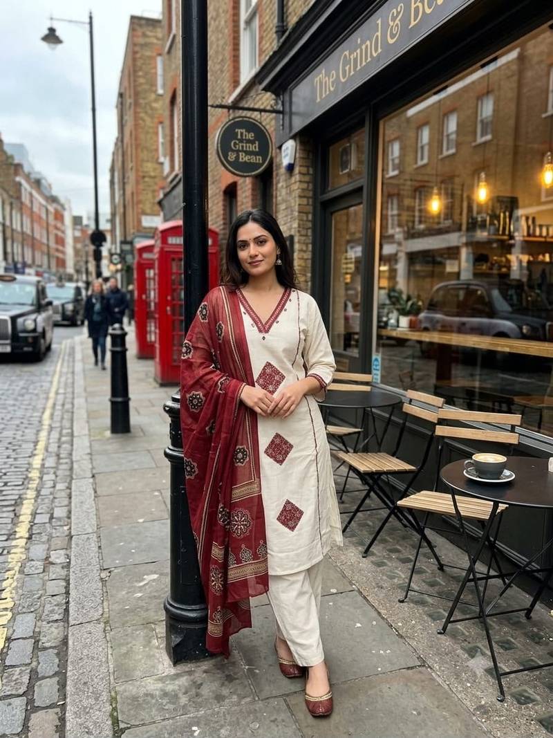 Off-white cotton printed patch work ethnic kurta set with dupatta