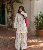 Off-white cotton floral printed ethnic kurta set with dupatta