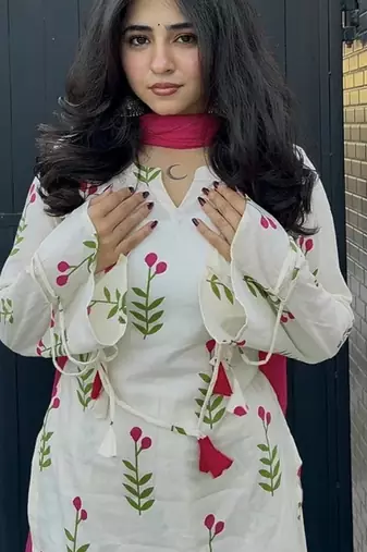 Off-white cotton floral printed ethnic kurta set with dupatta