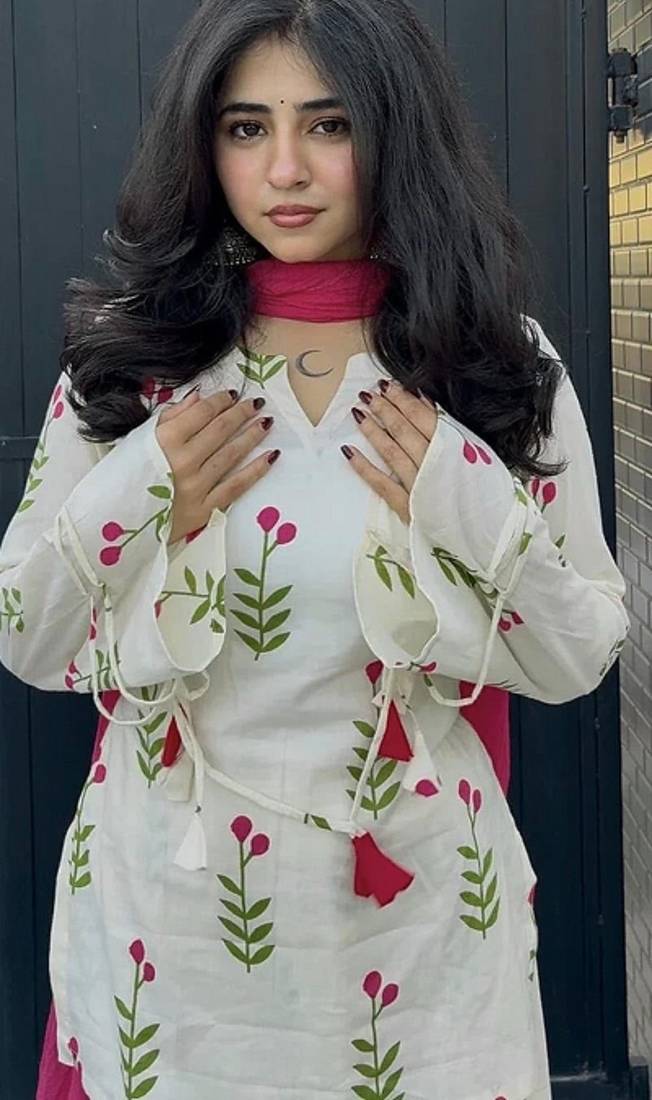 Off-white cotton floral printed ethnic kurta set with dupatta