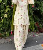 Off-white cotton floral printed ethnic kurta set with dupatta