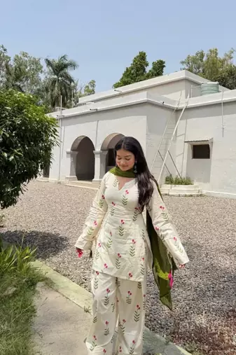 Off-white cotton floral printed ethnic kurta set with dupatta