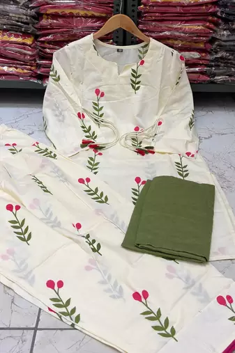 Off-white cotton floral printed ethnic kurta set with dupatta