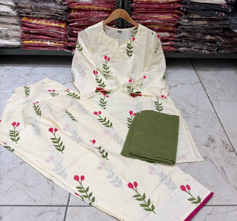Off-white cotton floral printed ethnic kurta set with dupatta