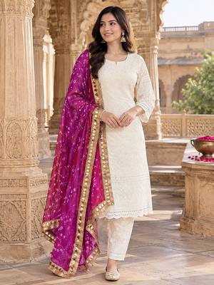 White cotton plain chikankari ethnic kurta set with dupatta 1
