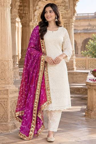 White cotton plain chikankari ethnic kurta set with dupatta