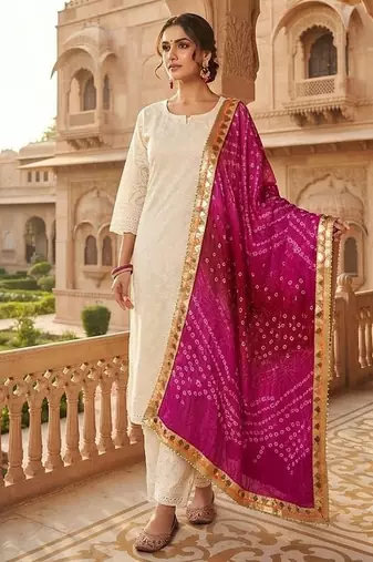 White cotton plain chikankari ethnic kurta set with dupatta