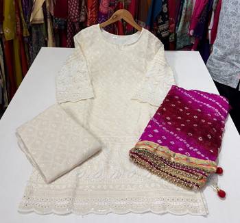 White cotton plain chikankari ethnic kurta set with dupatta 3