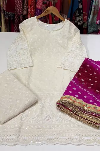 White cotton plain chikankari ethnic kurta set with dupatta