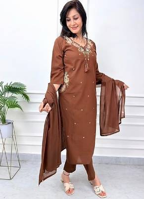 Brown cotton embroidered thread work ethnic kurta set with dupatta 1