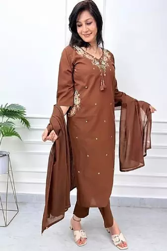 Brown cotton embroidered thread work ethnic kurta set with dupatta
