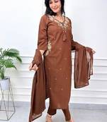 Brown cotton embroidered thread work ethnic kurta set with dupatta